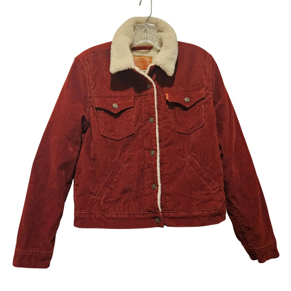 Levi's Trucker Jacket Womens M Burgundy Corduroy Sherpa Lined Orange Tab Coat - Picture 2 of 10